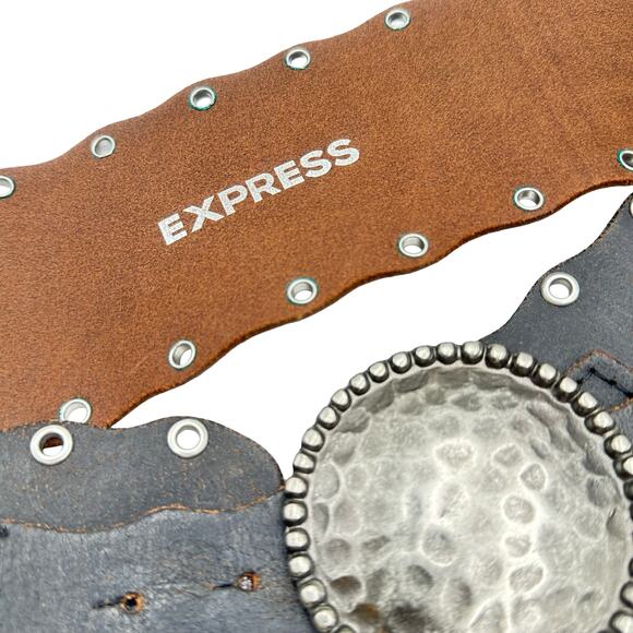 VTG EXPRESS Belt Women\'s Black Leather Wide Hammered Buckle Western Y2K Italy main image 4